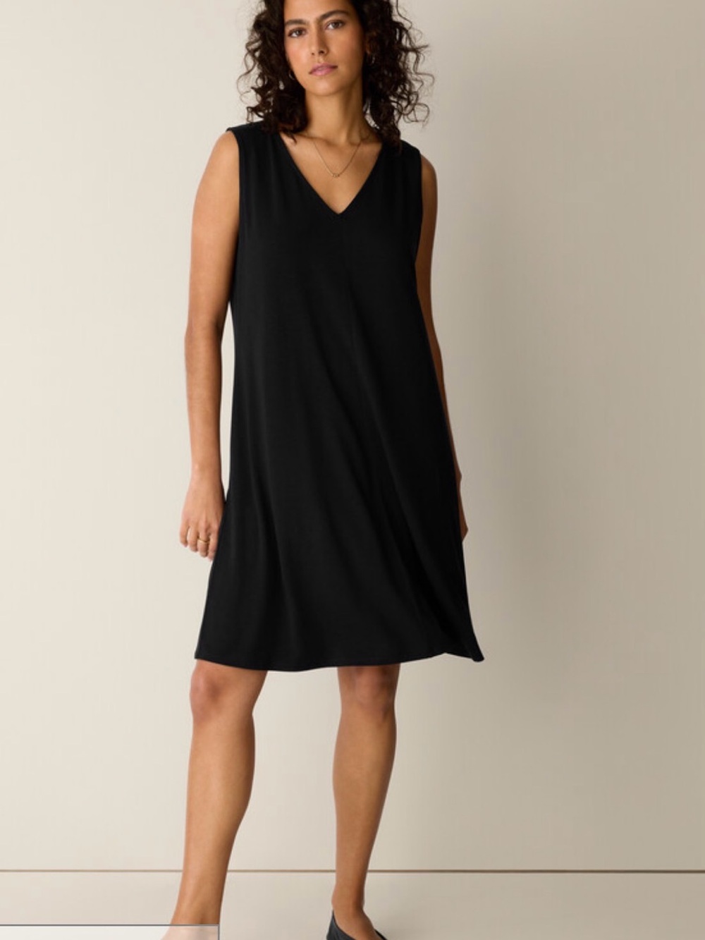 EILEEN FISHER classic black sleeveless cotton v neck jersey knee length dress XL